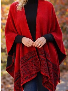 Chico’s Red Black Reversible Knit Poncho Shawl Wrap OS